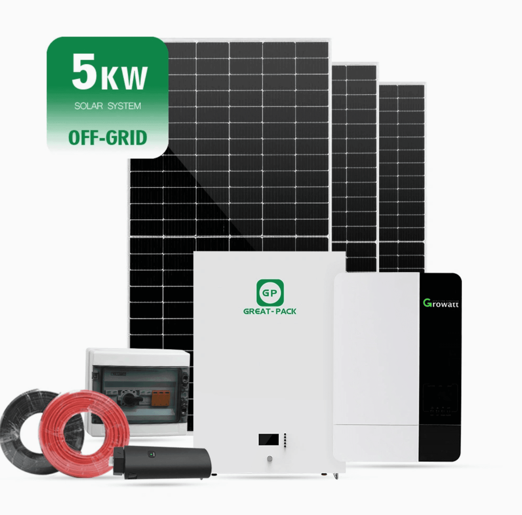 Off-grid solar system with panels and equipment labeled 5kW.